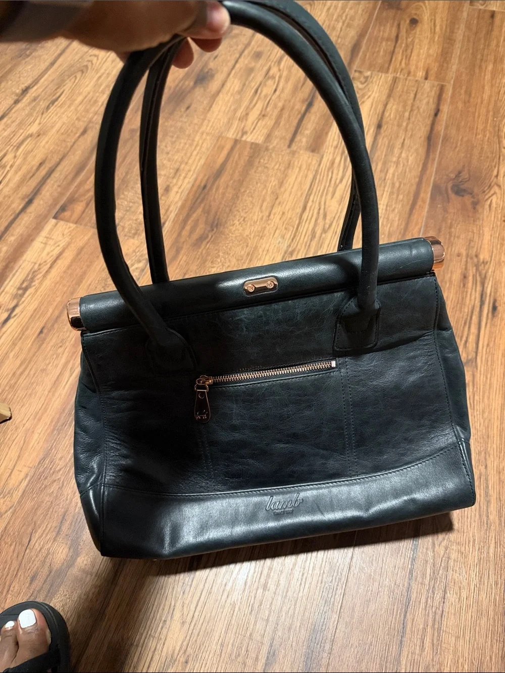 Classic Black Leather Top-Handle Satchel  with Gold Accents. Bought in London